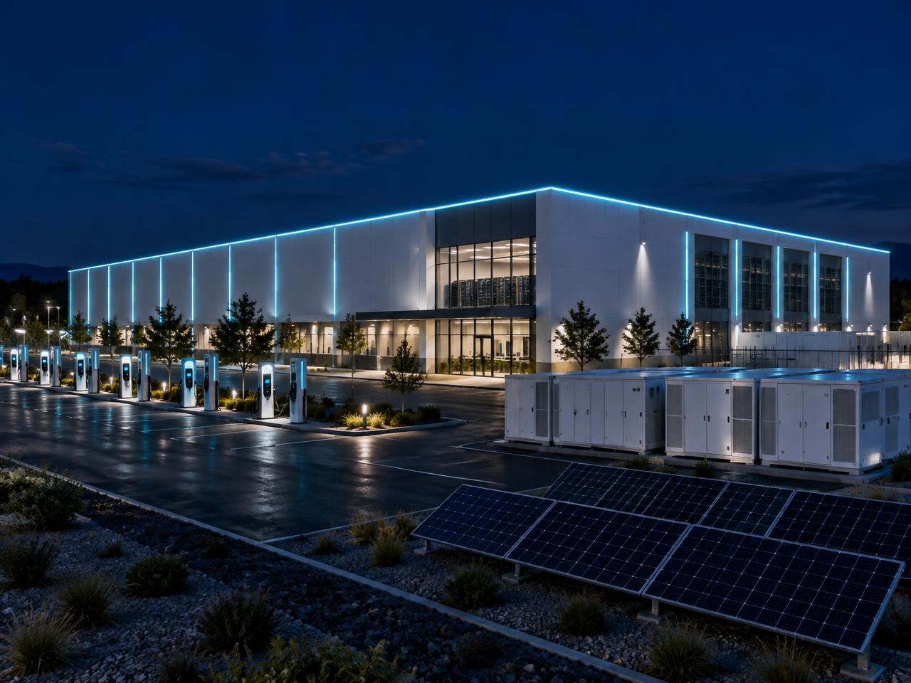 Illustrative data center at night with EV fast chargers, battery storage and solar panels