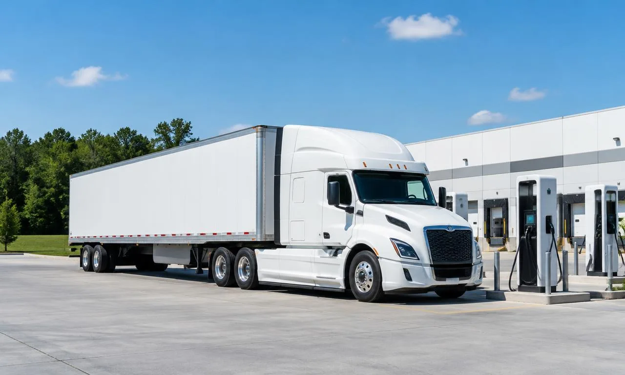 Illustrative semi truck at a modern electric charging depot